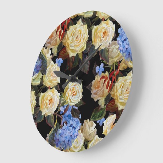 フローラモダン柄、白いバラ、青いあじさい ラージ壁時計 (傾斜)
