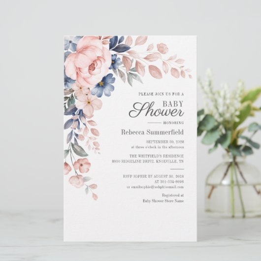 フローラモダン水色ブルーピンク赤ちゃんシャワー 便箋 (スタンド正面)