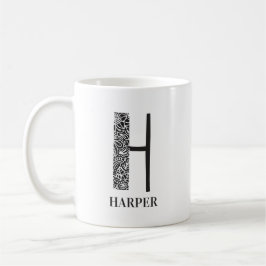 フローラモダン白黒イニシャル コーヒーマグカップ