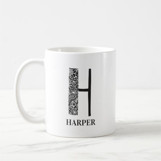フローラモダン白黒イニシャル コーヒーマグカップ (左)