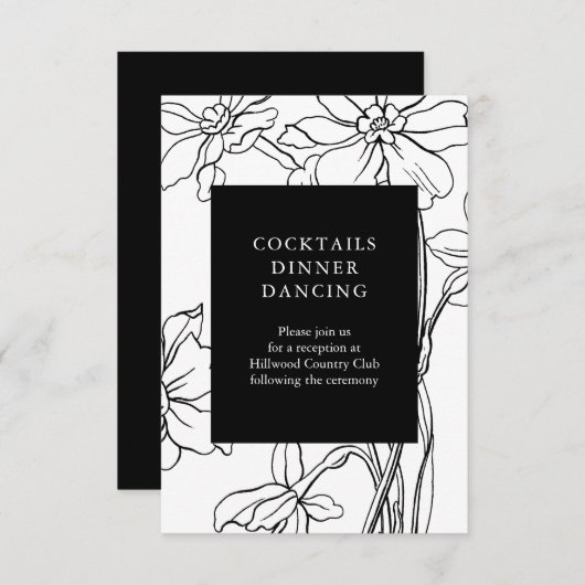 フローラモダン白黒ウェディングレセプション エンクロージャーカード (正面/裏面)
