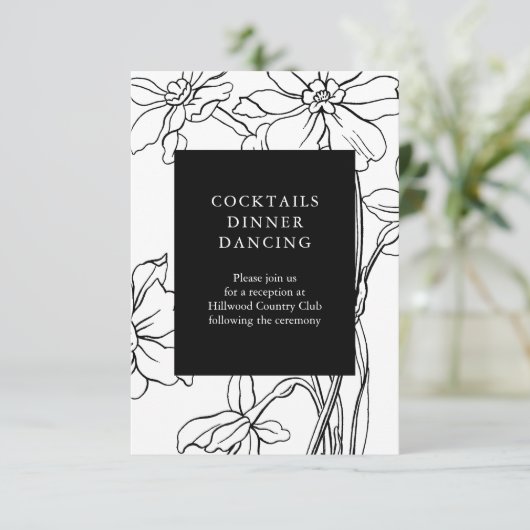 フローラモダン白黒ウェディングレセプション エンクロージャーカード (スタンド正面)