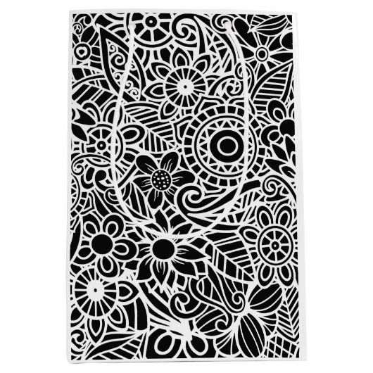 フローラモダン白黒ギフトラップ紙 ミディアムペーパーバッグ (正面)