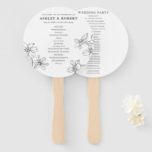 フローラモダン白黒結婚式 プログラム ハンドファン (正面&裏面)