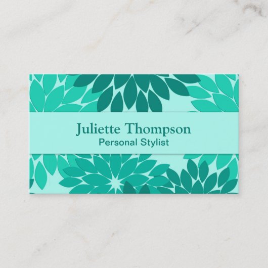 フローラモダン着物用プリント、ターコイズ、ティール(緑がかった色)、アクア 名刺 (正面)