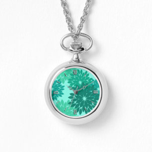 フローラモダン着物用プリント、ターコイズ、ティール（緑がかった色）、アクア 腕時計