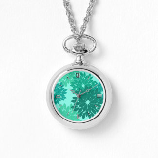 フローラモダン着物用プリント、ターコイズ、ティール（緑がかった色）、アクア 腕時計