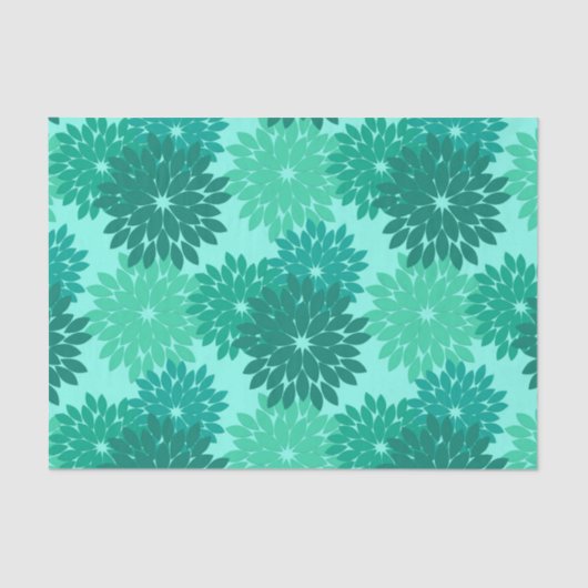 フローラモダン着物用プリント、ターコイズ、ティール（緑がかった色）、アクア 薄葉紙 (正面)