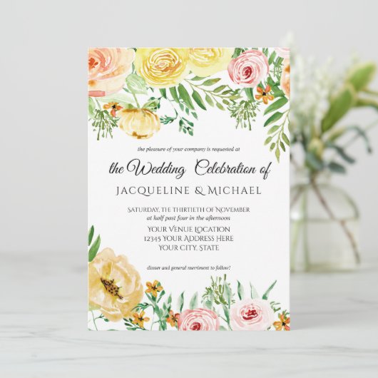 フローラモダン秋w赤面イエローピーチバラリーフ 招待状 (スタンド正面)