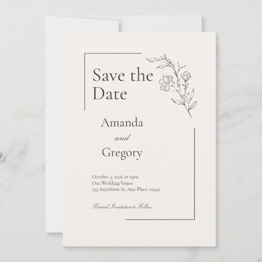 フローラモダン結婚式の日付の保存 招待状 (正面)