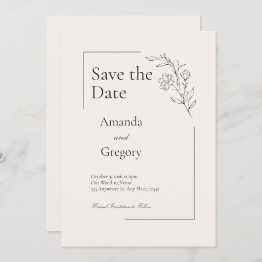 フローラモダン結婚式の日付の保存 招待状 (正面/裏面)