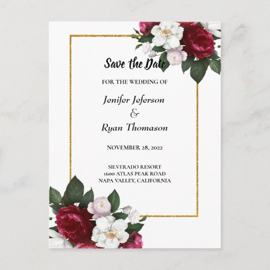 フローラモダン結婚式は日付はがきを保存 案内ポストカード (正面)