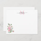 フローラモダン赤面ピンクウォーター色バラモノグラム ノートカード (正面/裏面)