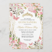 フローラモダン赤面ピンク金ゴールドティアラキンセアニラ 招待状 (正面/裏面)