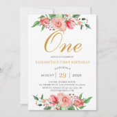 フローラモダン赤面ピンク金ゴールド水彩誕生日 招待状 (正面)