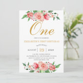 フローラモダン赤面ピンク金ゴールド水彩誕生日 招待状 (スタンド正面)