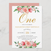 フローラモダン赤面ピンク金ゴールド水彩誕生日 招待状 (正面/裏面)