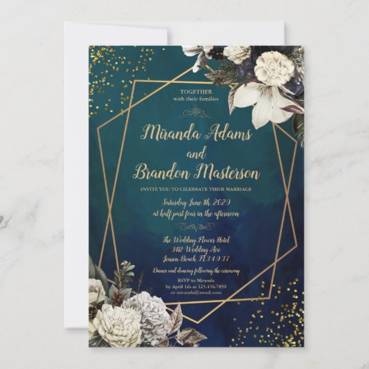 フローラモダン金ゴールドエメラルドグリーン結婚フォト 招待状 (裏面)