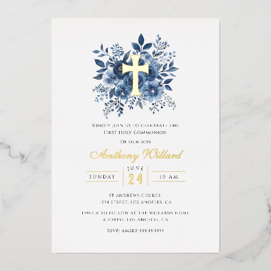 フローラモダン金ゴールドクロスボーイズ第一聖餐式 箔招待状 (正面)