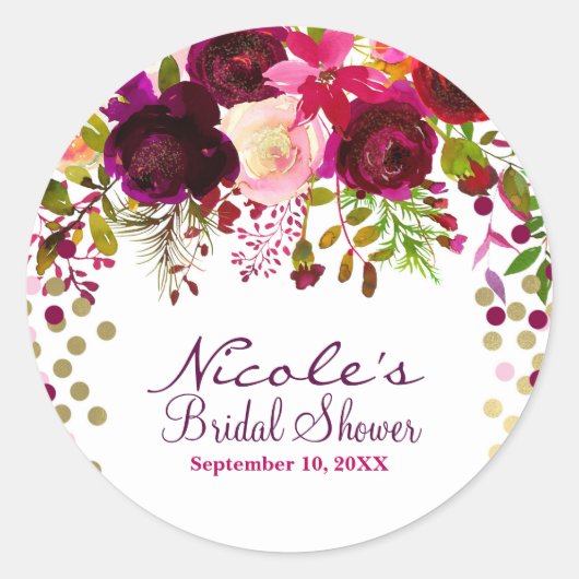 フローラモダン金ゴールドブルゴーニュはっきりしたブライダルシャワー ラウンドシール (正面)