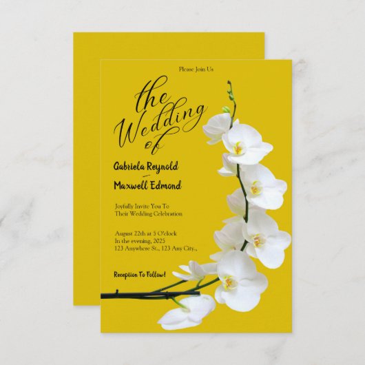 フローラモダン黄と白のラン結婚ス 招待状 (正面/裏面)