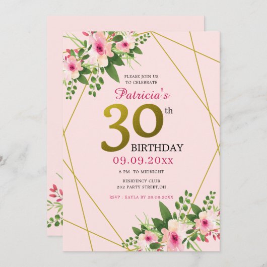 フローラモダン·ピンクと金ゴールド30歳の誕生日 招待状 (正面/裏面)