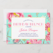 フローラモチフインピンク&アクア誕生日 招待状 (正面)