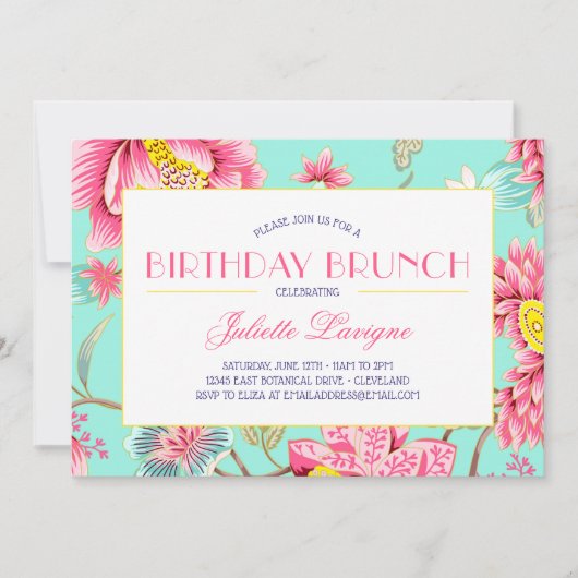 フローラモチフインピンク&アクア誕生日 招待状 (正面)