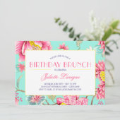 フローラモチフインピンク&アクア誕生日 招待状 (スタンド正面)