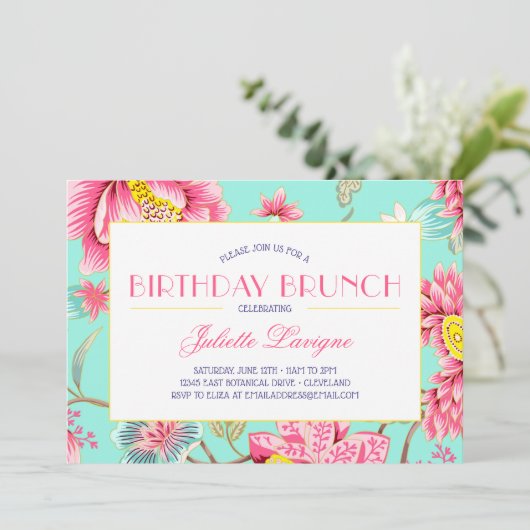 フローラモチフインピンク&アクア誕生日 招待状 (スタンド正面)