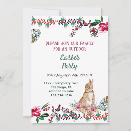 フローラモチーフ卵の水の色の緑のイースターバニー 招待状 (正面)