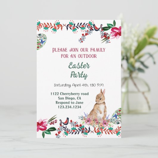 フローラモチーフ卵の水の色の緑のイースターバニー 招待状 (スタンド正面)