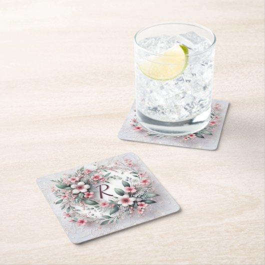 フローラモノグラムのリースオンレース スクエアペーパーコースター (インサイチュ)