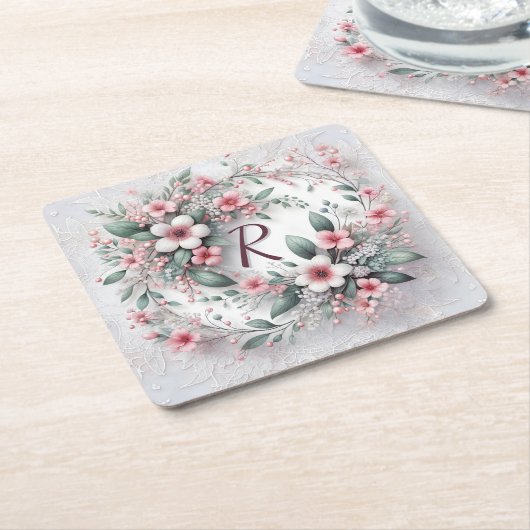 フローラモノグラムのリースオンレース スクエアペーパーコースター (アングル)