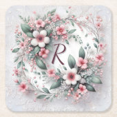フローラモノグラムのリースオンレース スクエアペーパーコースター (正面)