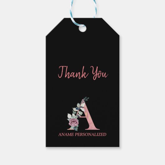 フローラモノグラムの名前の文字ピンクのアゲート ギフトタグ (正面)