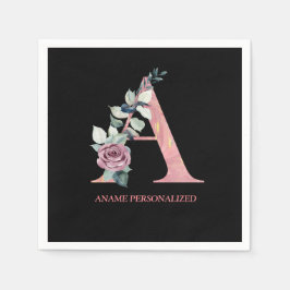 フローラモノグラムの名前の文字ピンクのアゲート スタンダードカクテルナプキン