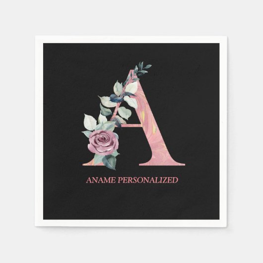 フローラモノグラムの名前の文字ピンクのアゲート スタンダードカクテルナプキン (正面)