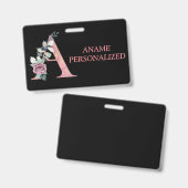 フローラモノグラムの名前の文字ピンクのアゲート バッジ (正面＆裏面)