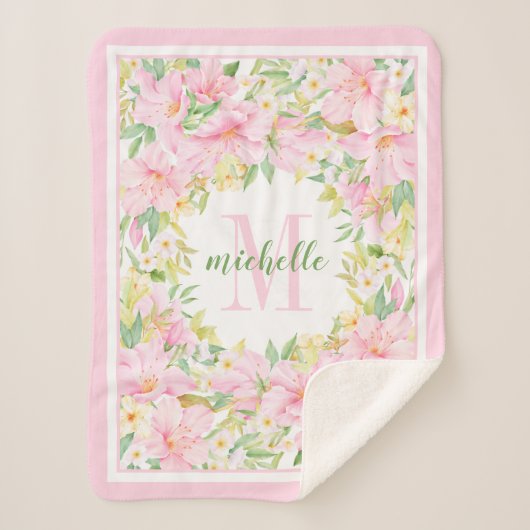 フローラモノグラムウォーターカラー赤面ピンクベビーガール シェルパブランケット (正面)