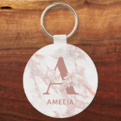 フローラモノグラムピンクローズ金ゴールド大理石名前をカスタムする キーホルダー (正面)