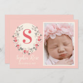 フローラモノグラムベビーガールアナウンスメント赤面ピンク 招待状 (正面/裏面)