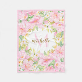 フローラモノグラムボタニカル赤面ピンクベビーガール フリースブランケット