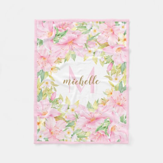 フローラモノグラムボタニカル赤面ピンクベビーガール フリースブランケット (正面)