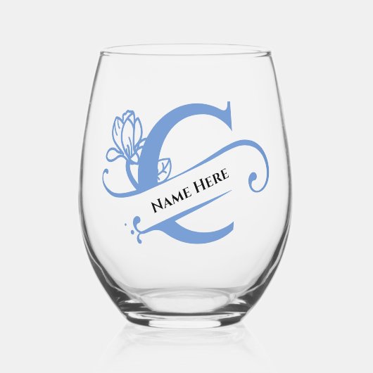 フローラモノグラムレターC名前の追加色の変更 ステムなしワイングラス (正面)