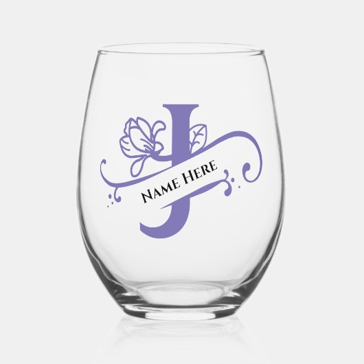 フローラモノグラムレターJ追加の名前の色の変更 ステムなしワイングラス (正面)