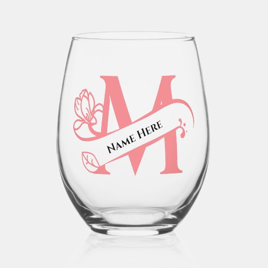 フローラモノグラムレターM名前の追加色の変更 ステムなしワイングラス (正面)