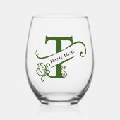 フローラモノグラムレターT名前の変更色 ステムなしワイングラス (正面)