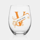 フローラモノグラムレターV追加の名前の変更の色 ステムなしワイングラス (正面)