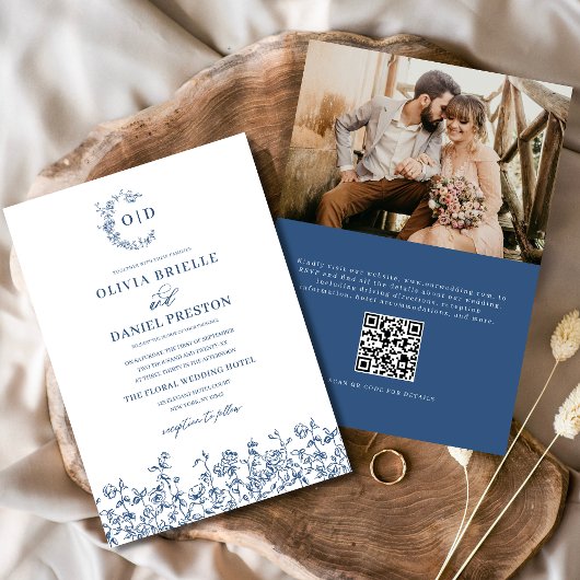 フローラモノグラム写真QRコードネイビー結婚ブルー 招待状
